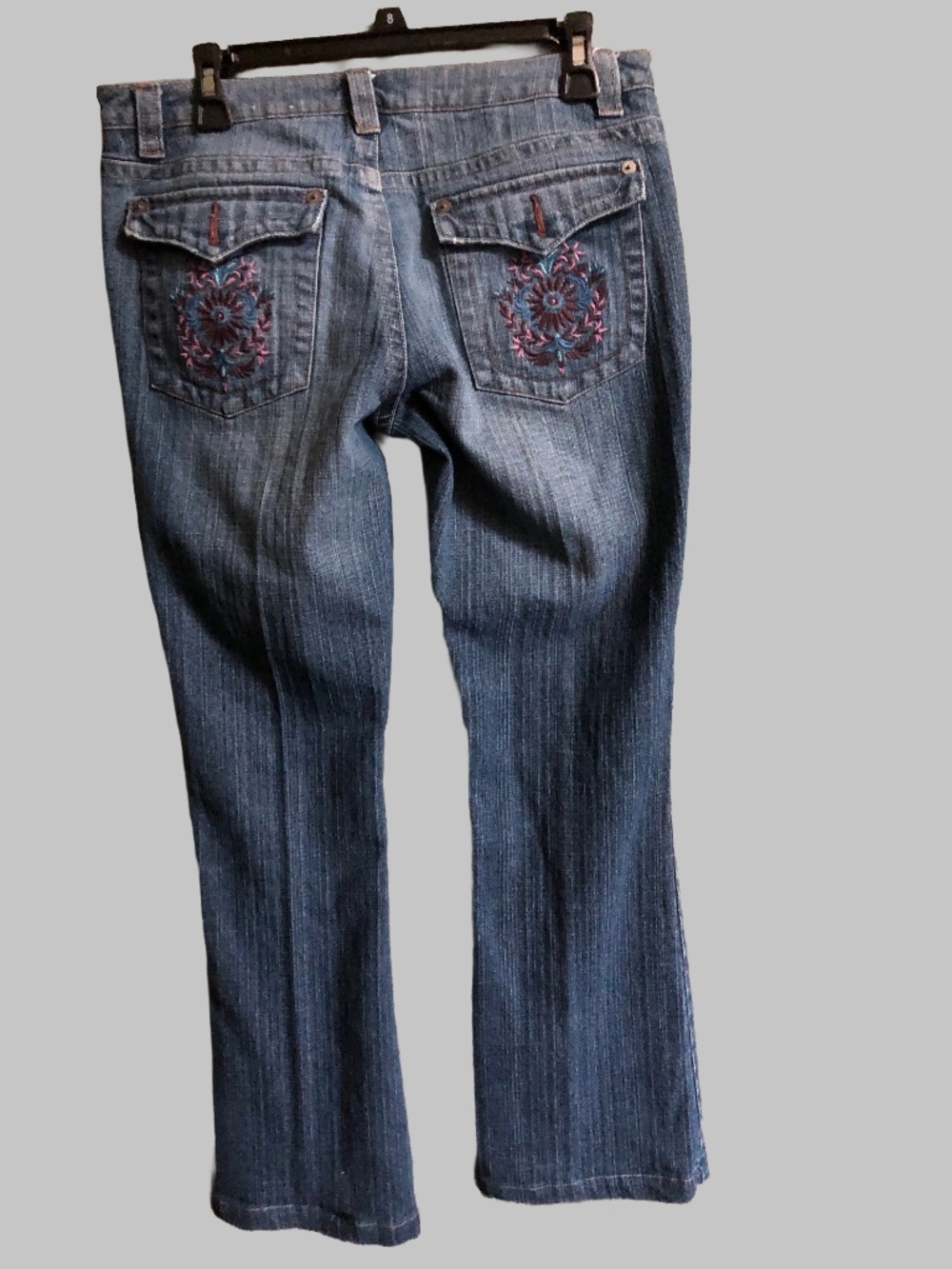 SO Stretch Y2K Embroidered Flap Pocket Flare Jeans Size 11 Hip Huggers Low Rise